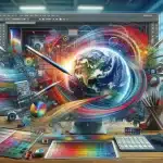 A digital art workspace showing Photoshop tools like layers, brushes, and color palettes in use, without human presence.