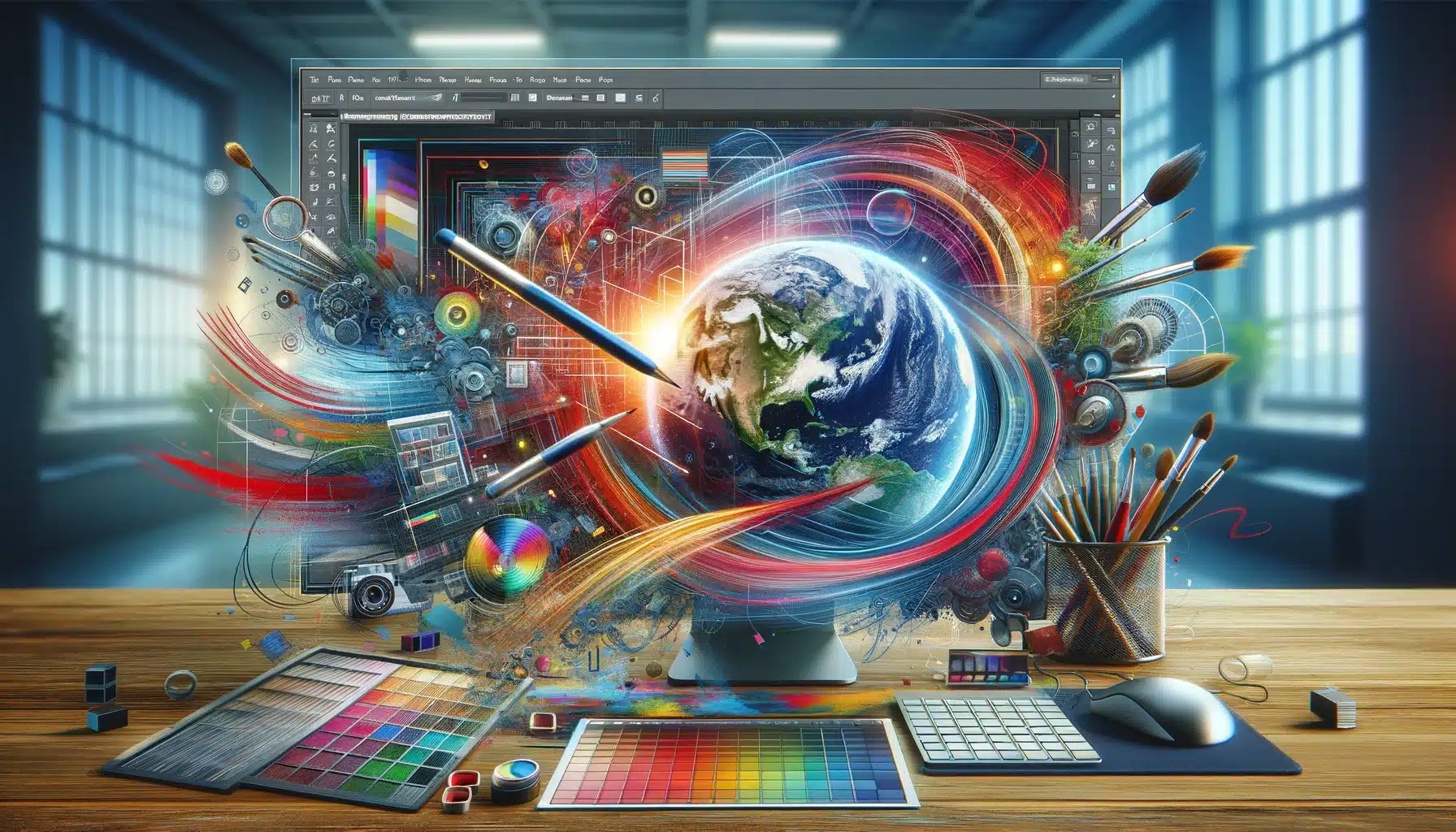 A digital art workspace showing Photoshop tools like layers, brushes, and color palettes in use, without human presence.
