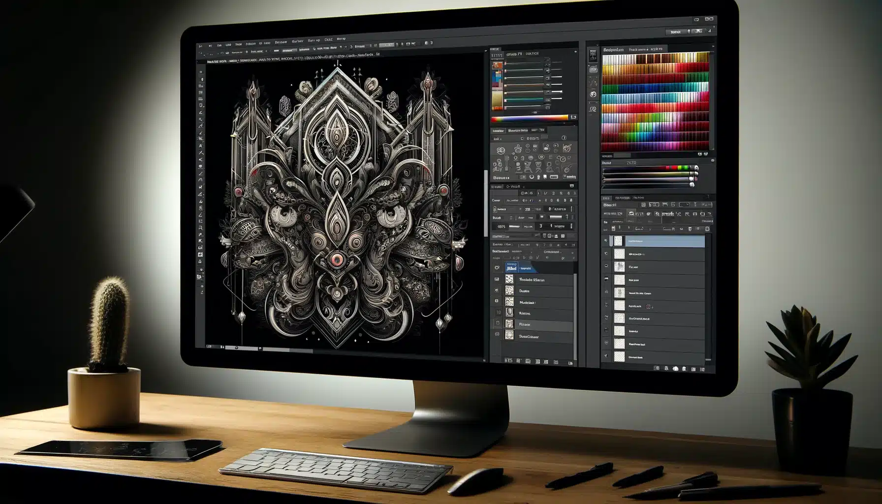 Adobe Photoshop interface showcasing advanced graphic design with high-resolution editing and complex layers.