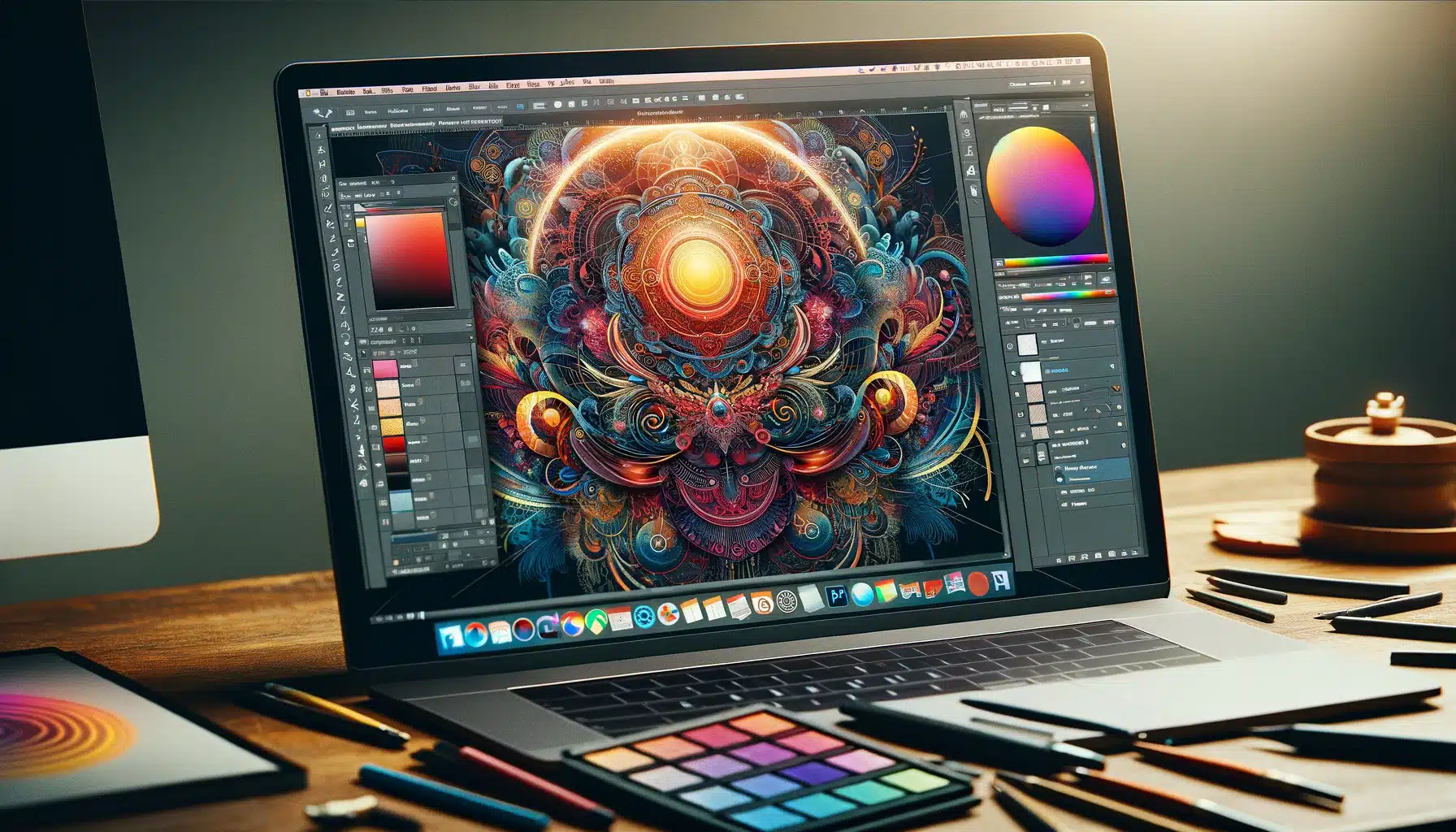 Adobe PS interface displaying a graphic design process with multiple layers and vibrant details.