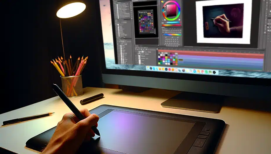 Close-up of a designer's hand using a stylus on a tablet, with Photoshop editing in progress on the monitor.