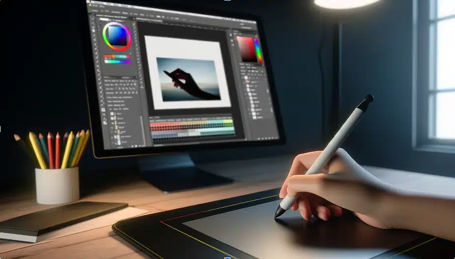 A focused workspace featuring a graphic tablet, stylus, and interface with advanced editing features visible.