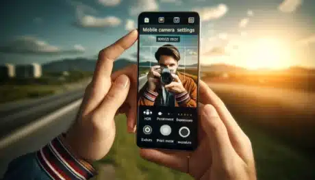 How to Take Professional Photos with Phone - A person using a mobile phone to take a professional photo, focusing on the camera settings displayed on the phone screen.