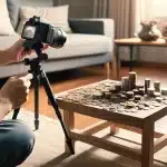 Person setting up a mini photography studio at home with coins as the subject