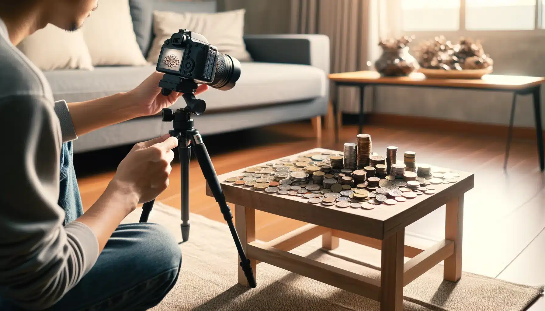 Person setting up a mini photography studio at home with coins as the subject
