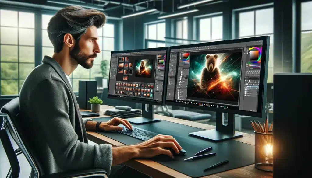 Graphic designer using Adobe Photoshop in a modern design studio, working on complex projects with dual monitors.