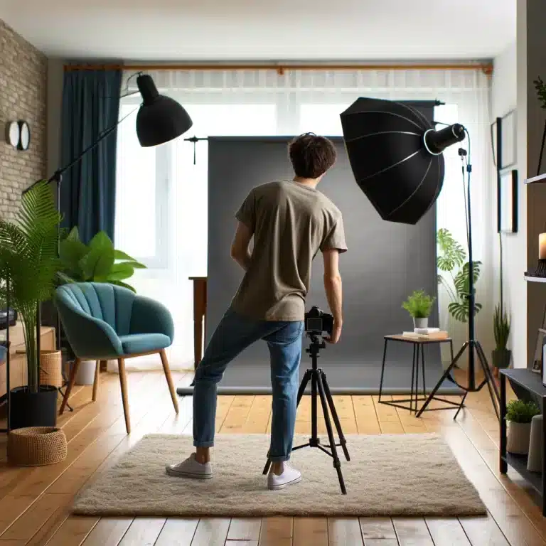 Person setting up studio in a living room
