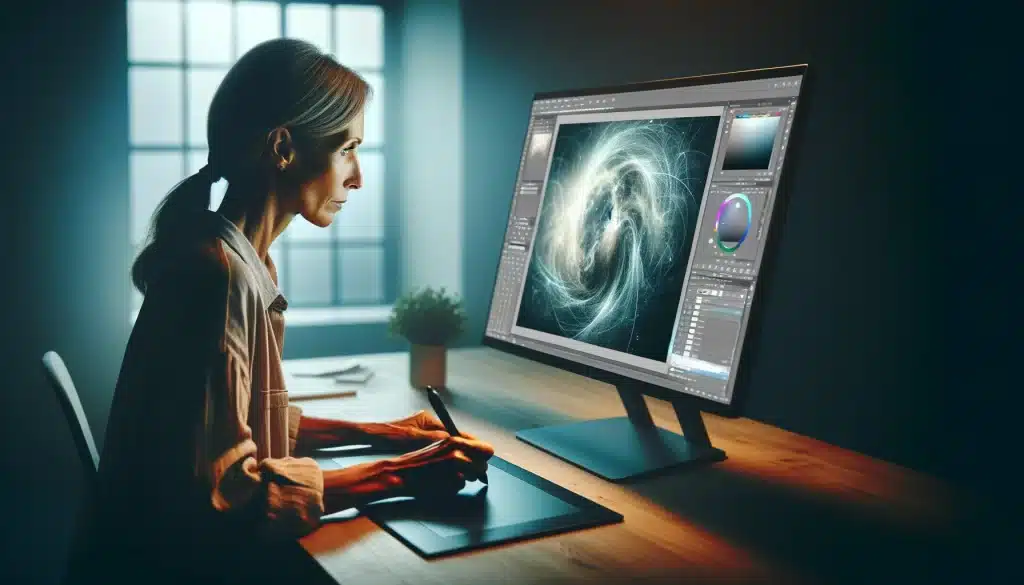 Digital artist using a graphics tablet at a modern workspace to edit an abstract photograph on a large screen.