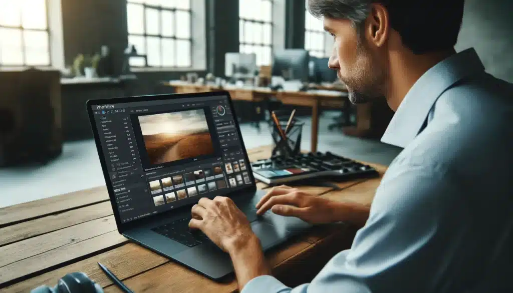 Professional photographer editing a photo using Photofiltre in a studio setting, showcasing the software's user-friendly interface.