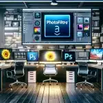 Comparison of Photofiltre and Photoshop in a modern workspace, showcasing simple and advanced setups for graphic design.
