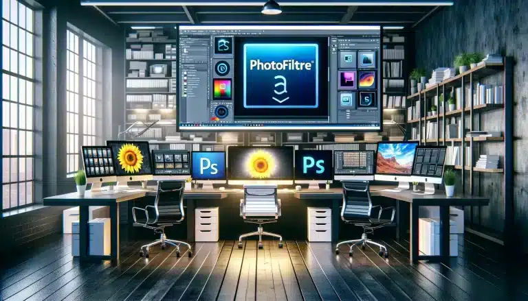 Comparison of Photofiltre and Photoshop in a modern workspace, showcasing simple and advanced setups for graphic design.