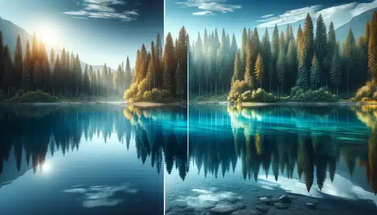 Comparison of a lake scene with and without a polarizing filter