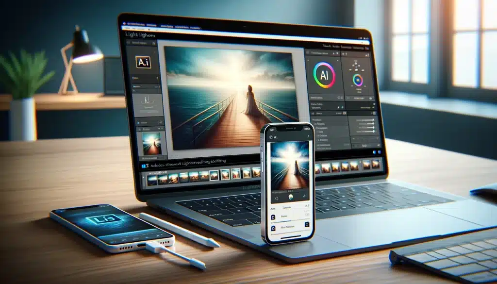 Smartphone and laptop showcasing AI-enhanced photo editing in Adobe Lightroom, highlighting seamless mobile-desktop integration