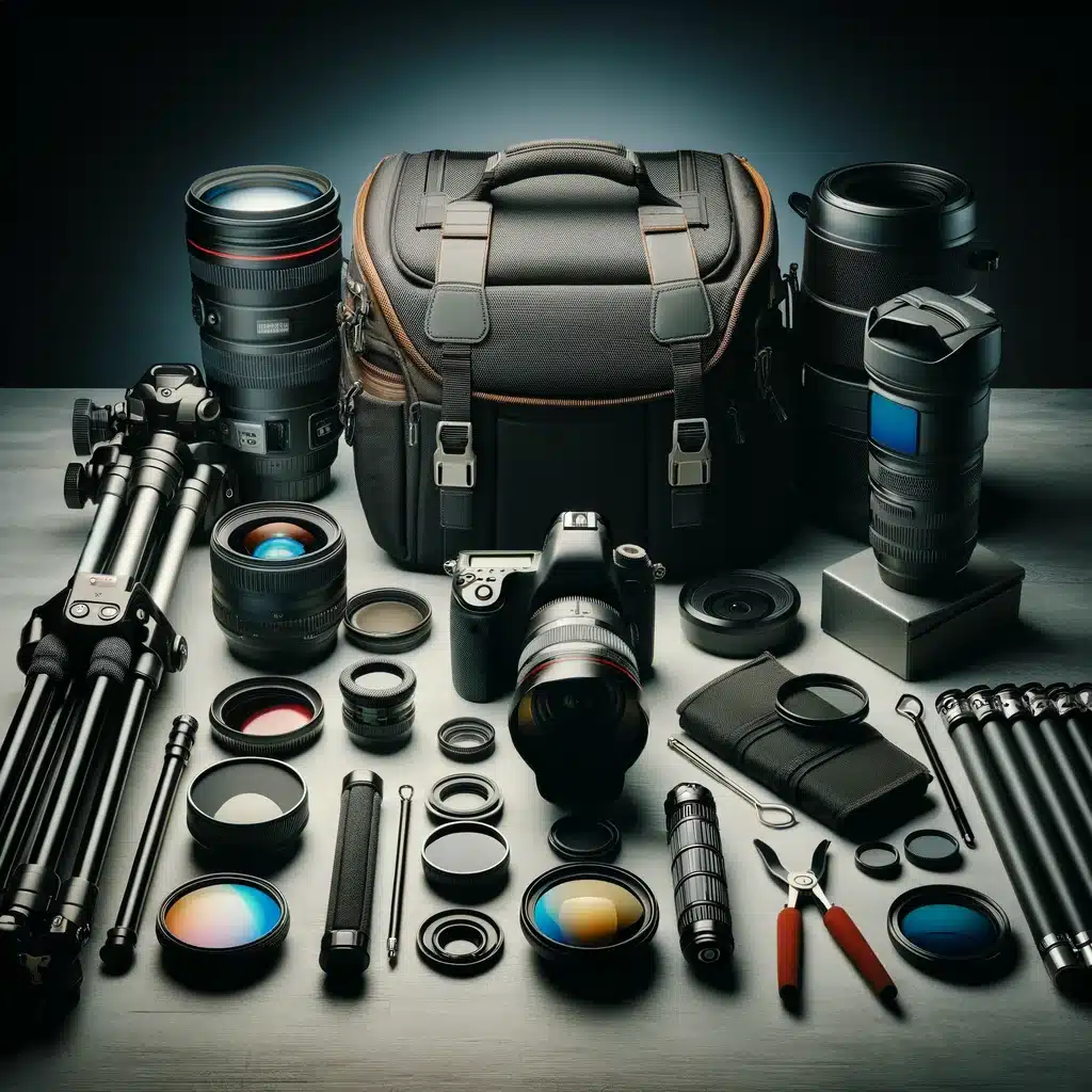 Collection of essential photographic accessories including a camera bag, tripod, and lens filters