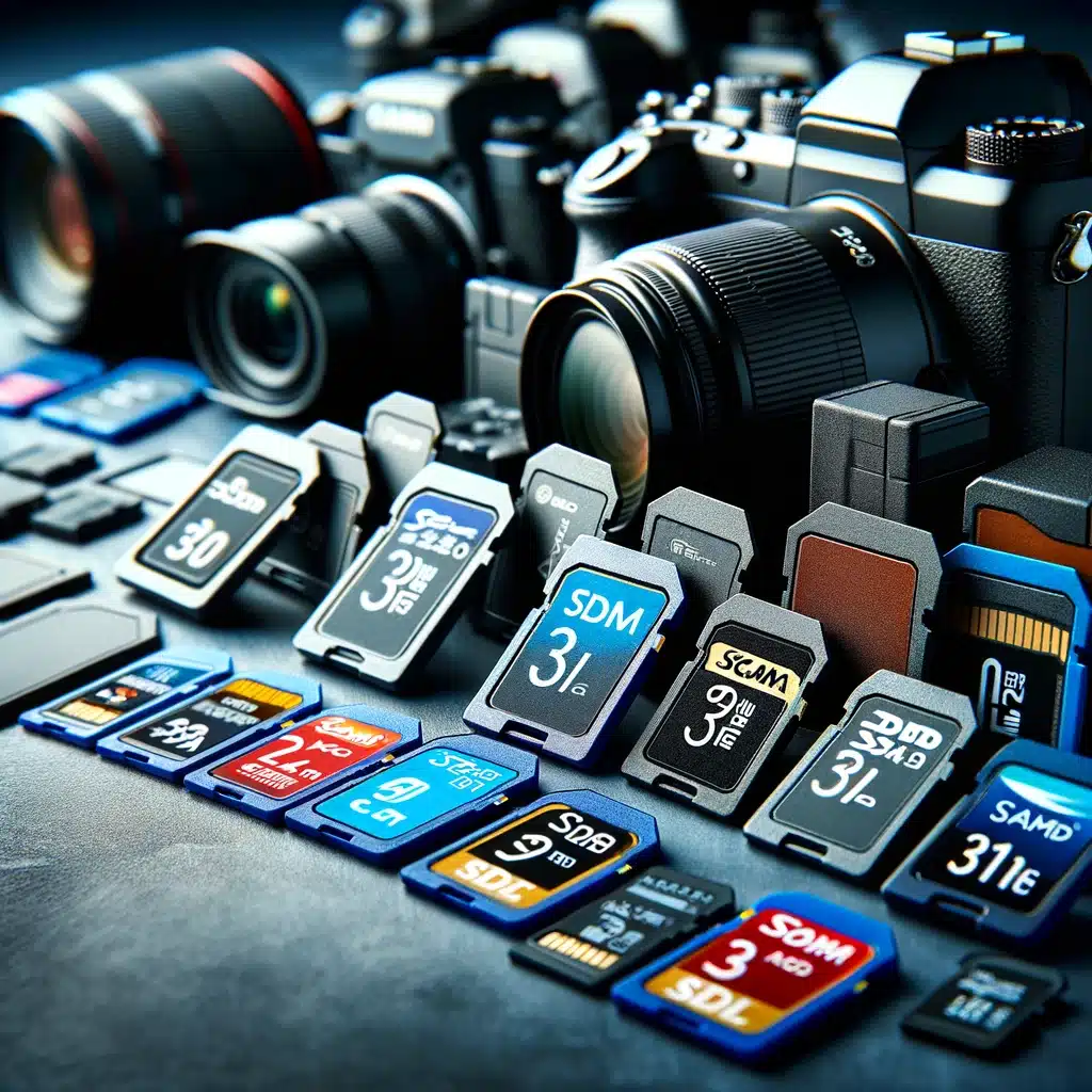 Various camera memory cards showcasing high-capacity and fast data transfer capabilities. An important photographic accessories