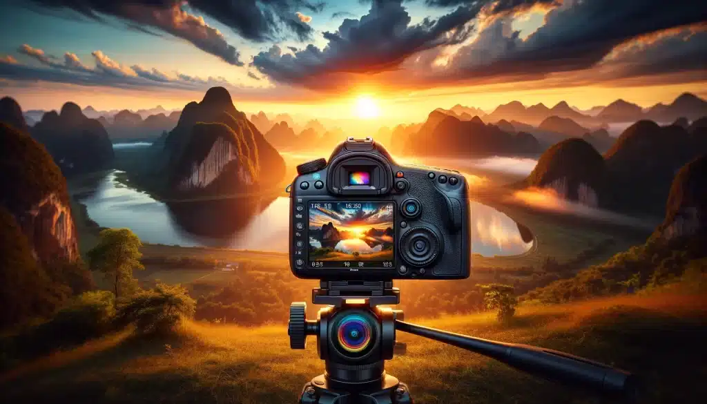 DSLR camera on a tripod capturing a landscape scene in RAW format during golden hour, showcasing vibrant skies and detailed scenery.