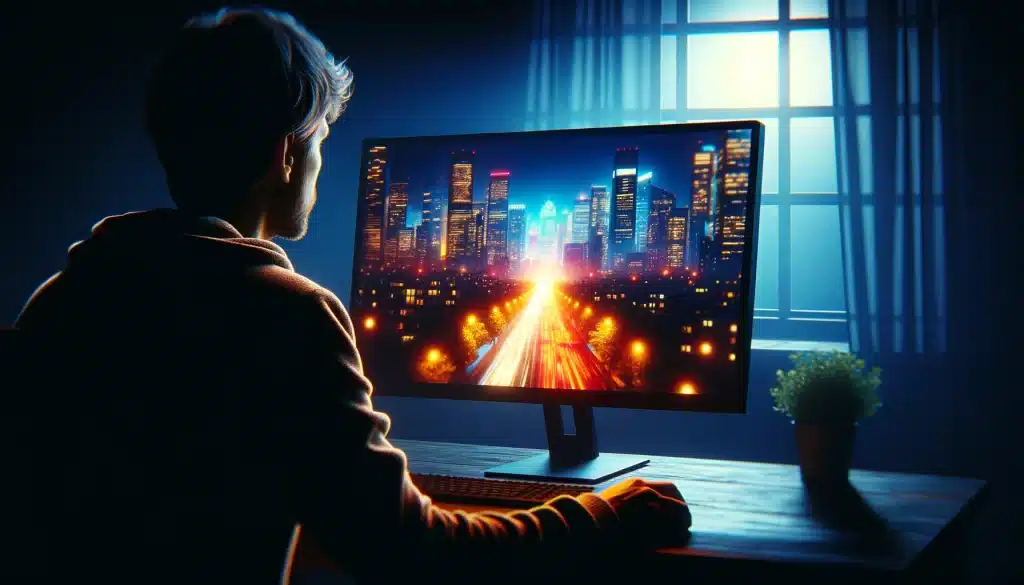 Person viewing a vibrant JPEG cityscape on a computer screen in a dimly lit room, showcasing the connection with digital photography.