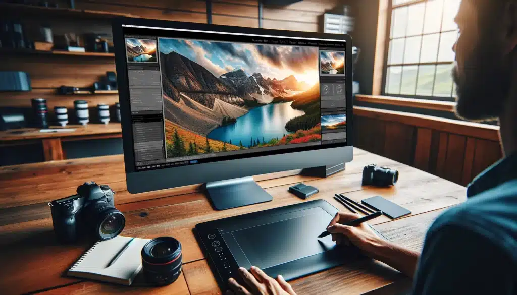Professional photographer editing a landscape photo on Adobe Lightroom with a graphics tablet, showcasing a vibrant display and organized workspace.