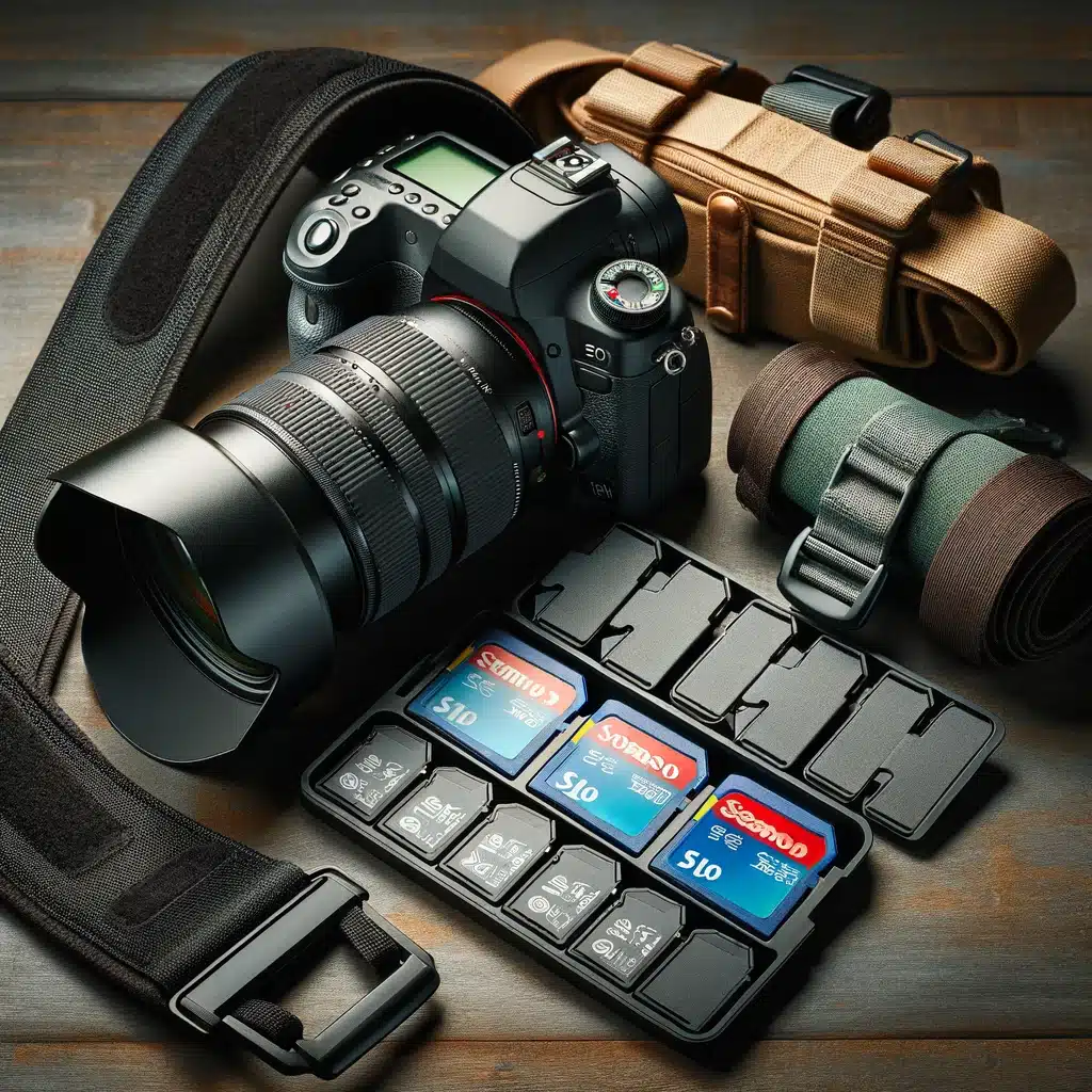 Photographer's kit with a camera strap, lens hood, and memory cards