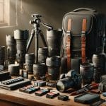 A variety of photographic accessories displayed on a wooden table, including a camera bag, tripod, lenses, memory cards, and cleaning kit in a photographer's studio.