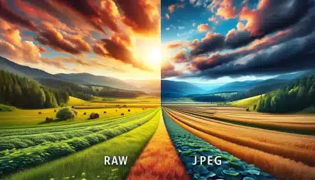 Side-by-side comparison of a landscape photo in RAW and JPEG formats, highlighting the superior detail and color in RAW.