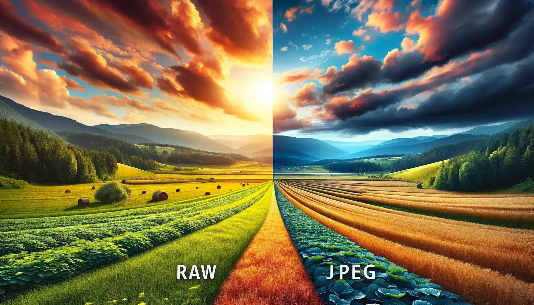 Side-by-side comparison of a landscape photo in RAW and JPEG formats, highlighting the superior detail and color in RAW.