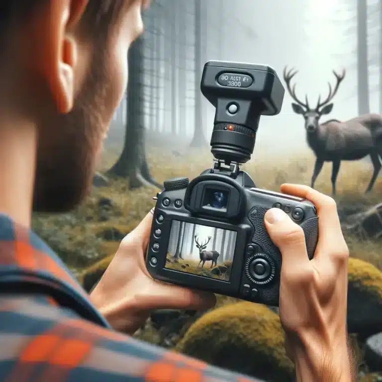 Photographer using a remote shutter photographic accessory for wildlife photography