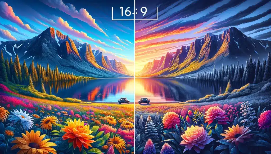 Split image showing a landscape: vibrant and detailed on one side, pixelated and color-banded on the JPEG side.