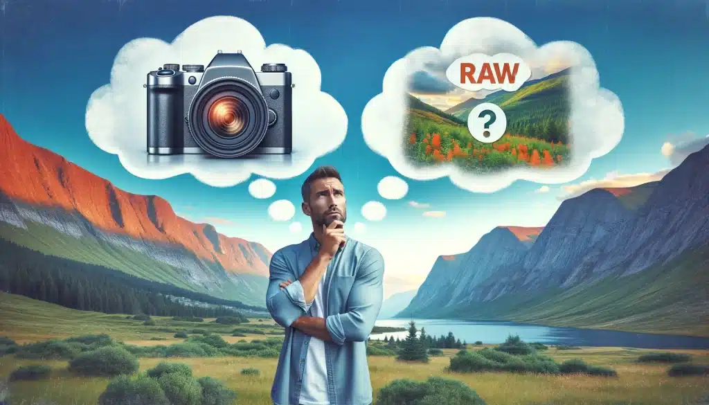 Photographer pondering over choosing RAW or JPEG format, depicted with thought bubbles containing icons for each file type against a scenic backdrop
