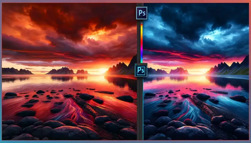 Before and after editing with Adobe Photoshop Express: a sunset photo transformed from dull to vibrant.