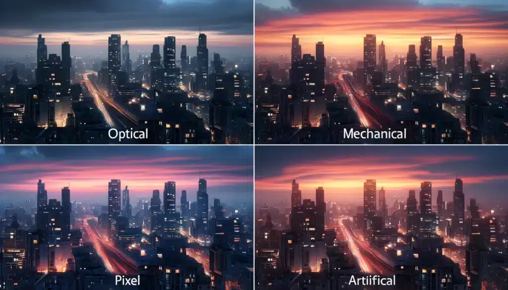 Vignetting types: Optical, Mechanical, Pixel, and Artificial applied to cityscape at dusk.
