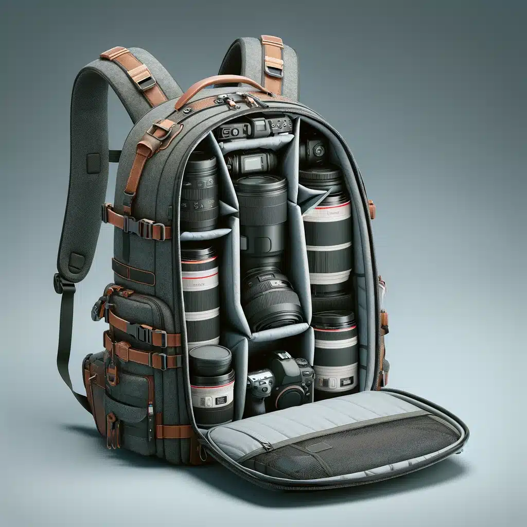 Photographer's backpack with maximum load capacity and comfortable straps, essential photographic accessories