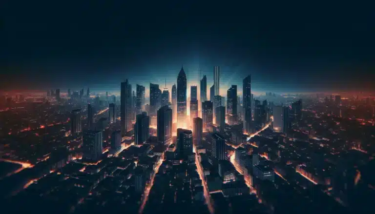 Vignetting effect on cityscape at dusk highlighting illuminated skyline.