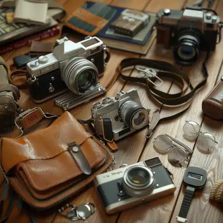 A collection of various cameras, ranging from vintage film models to modern digital SLRs and mirrorless systems, displayed on a gradient background transitioning from black to gray.