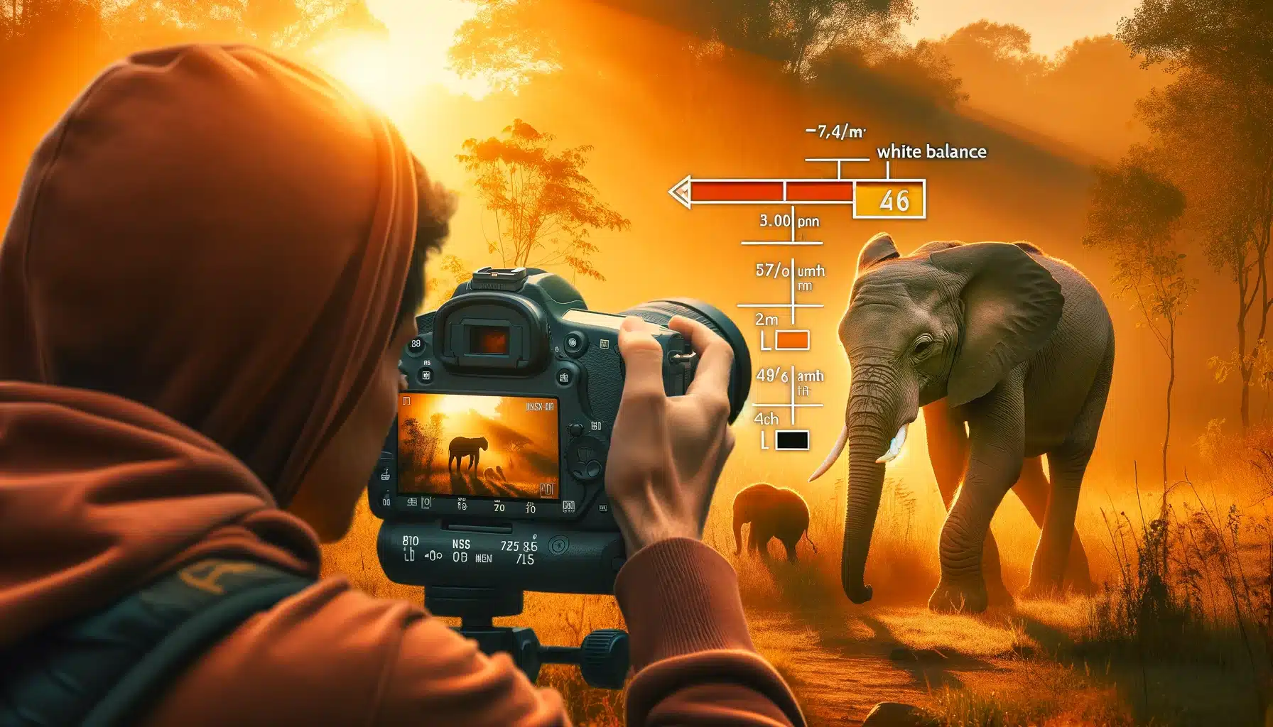 Wildlife photographer adjusts white balance to capture animal's true colors during golden hour, enhancing natural authenticity.