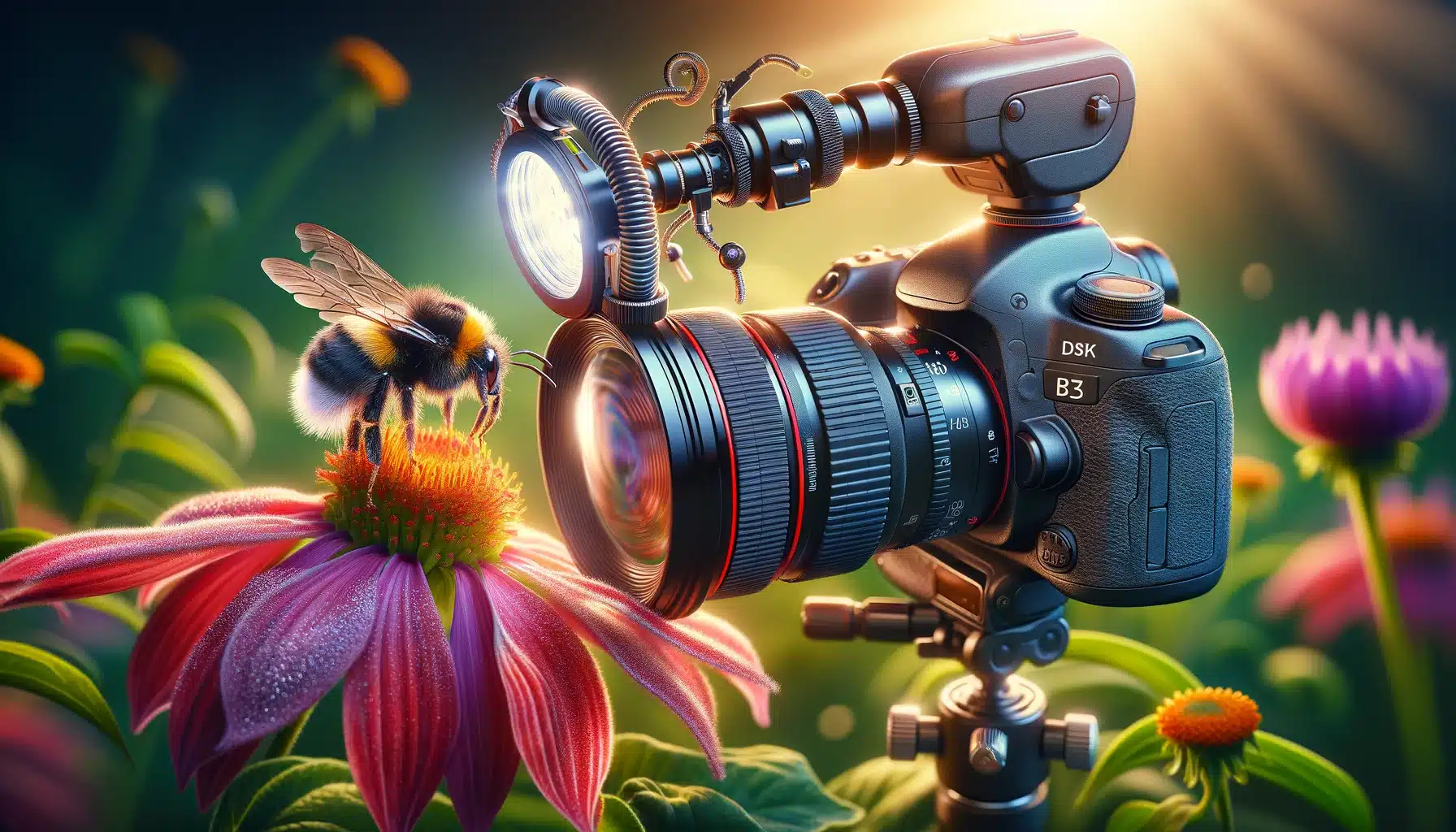 A DSLR camera with macro lens and ring flash captures a bumblebee on a flower, showcasing the essence of macro photography.