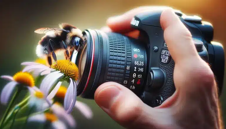 A photographer manually focusing on a bumblebee