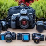 A variety of digital photographic equipment, including DSLRs and compact models, arranged on a surface with a camera bag in the background, showcasing different types of photography gear