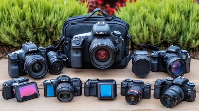 A variety of digital photographic equipment, including DSLRs and compact models, arranged on a surface with a camera bag in the background, showcasing different types of photography gear