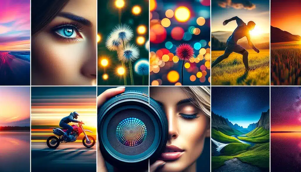 Collage of five photos depicting the benefits: portrait with bokeh, detailed landscape, clear sports action, macro focus, and well-exposed night scene.