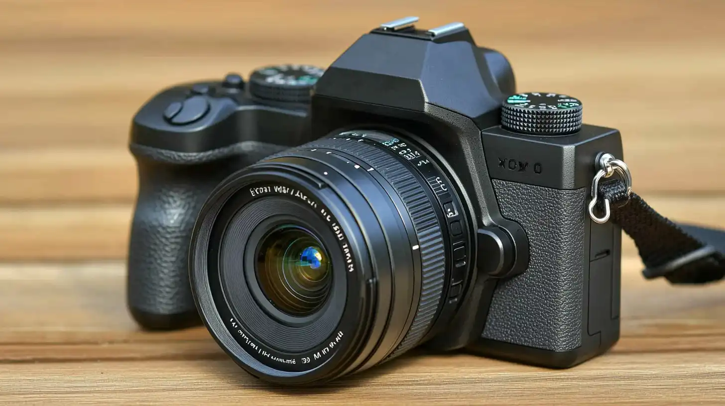 A close-up view of a sleek fixed-lens camera, showcasing its compact design and integrated lens