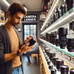 A photographer examining a photographic optics in a well-stocked camera shop, showcasing various lens options on display