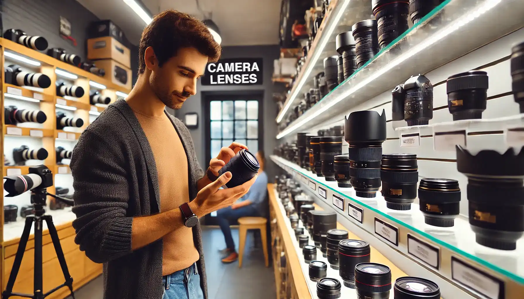 A photographer examining a photographic optics in a well-stocked camera shop, showcasing various lens options on display