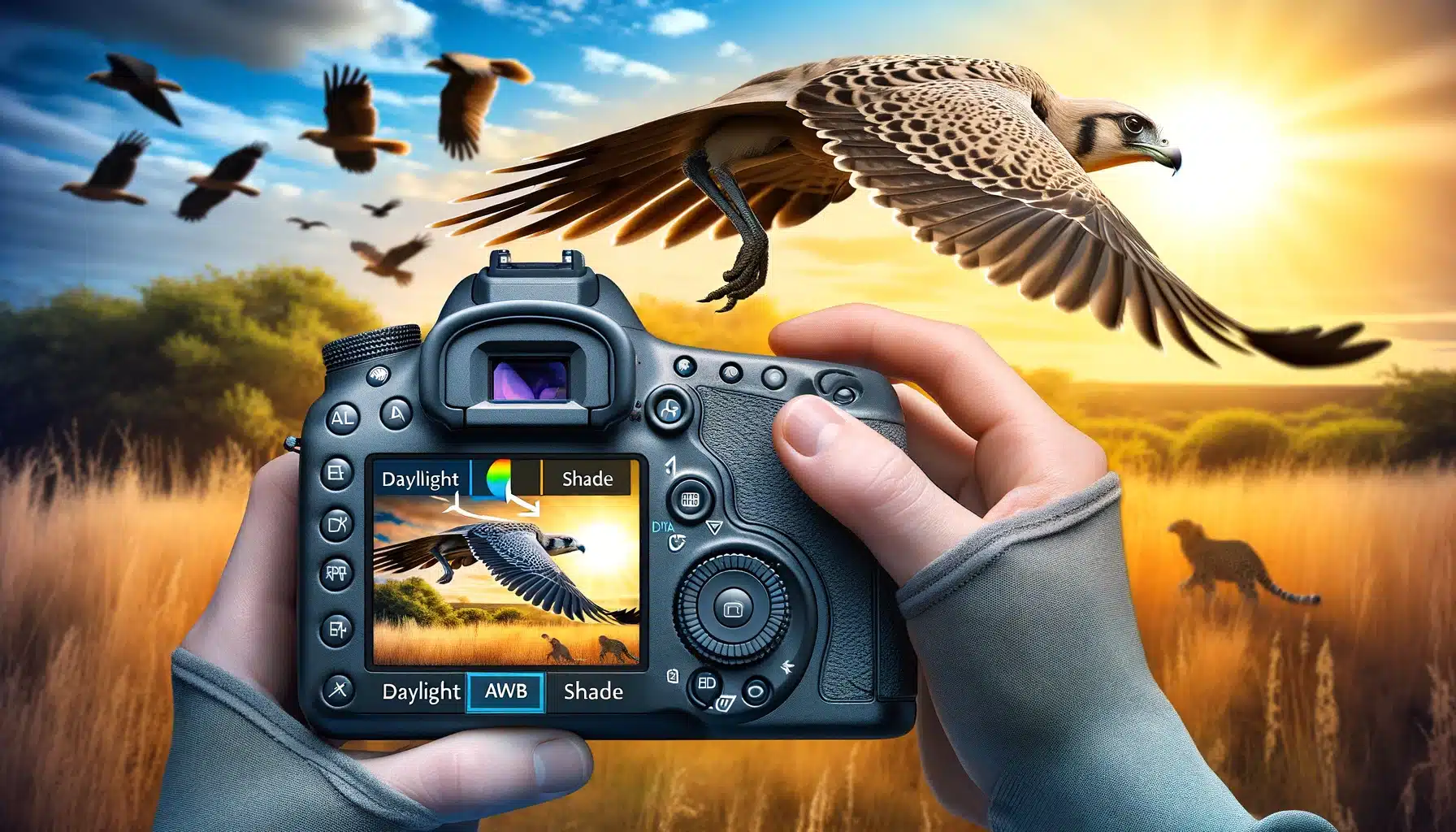 Photographer adjusting white balance from Daylight to Shade while capturing a bird in flight, showcasing manual control over automatic settings.