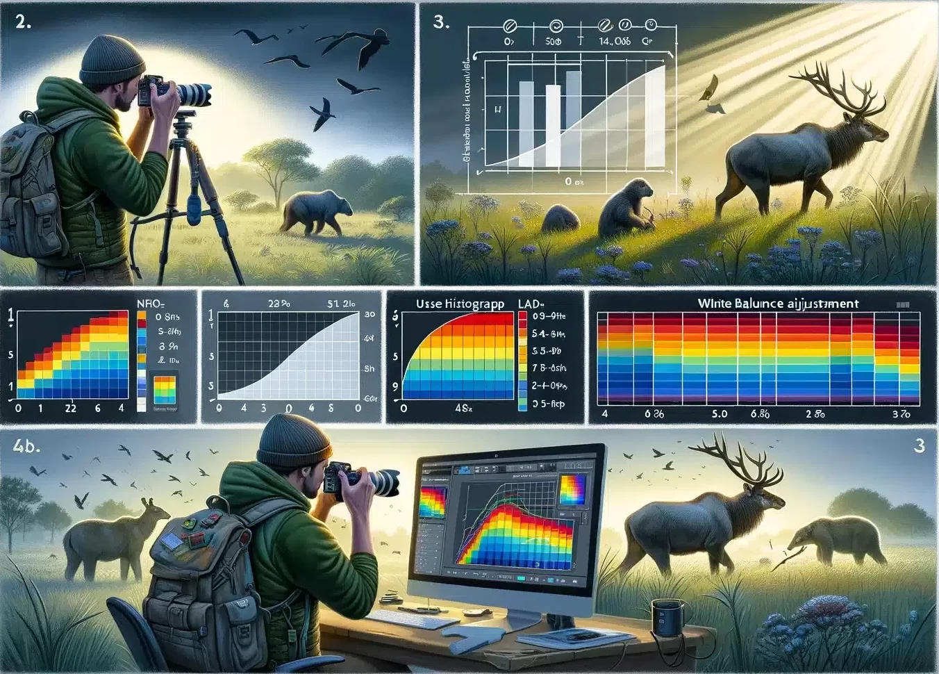 Wildlife photographer adjusts white balance through observation, histogram analysis, test shots, manual settings with a card, and post-processing.