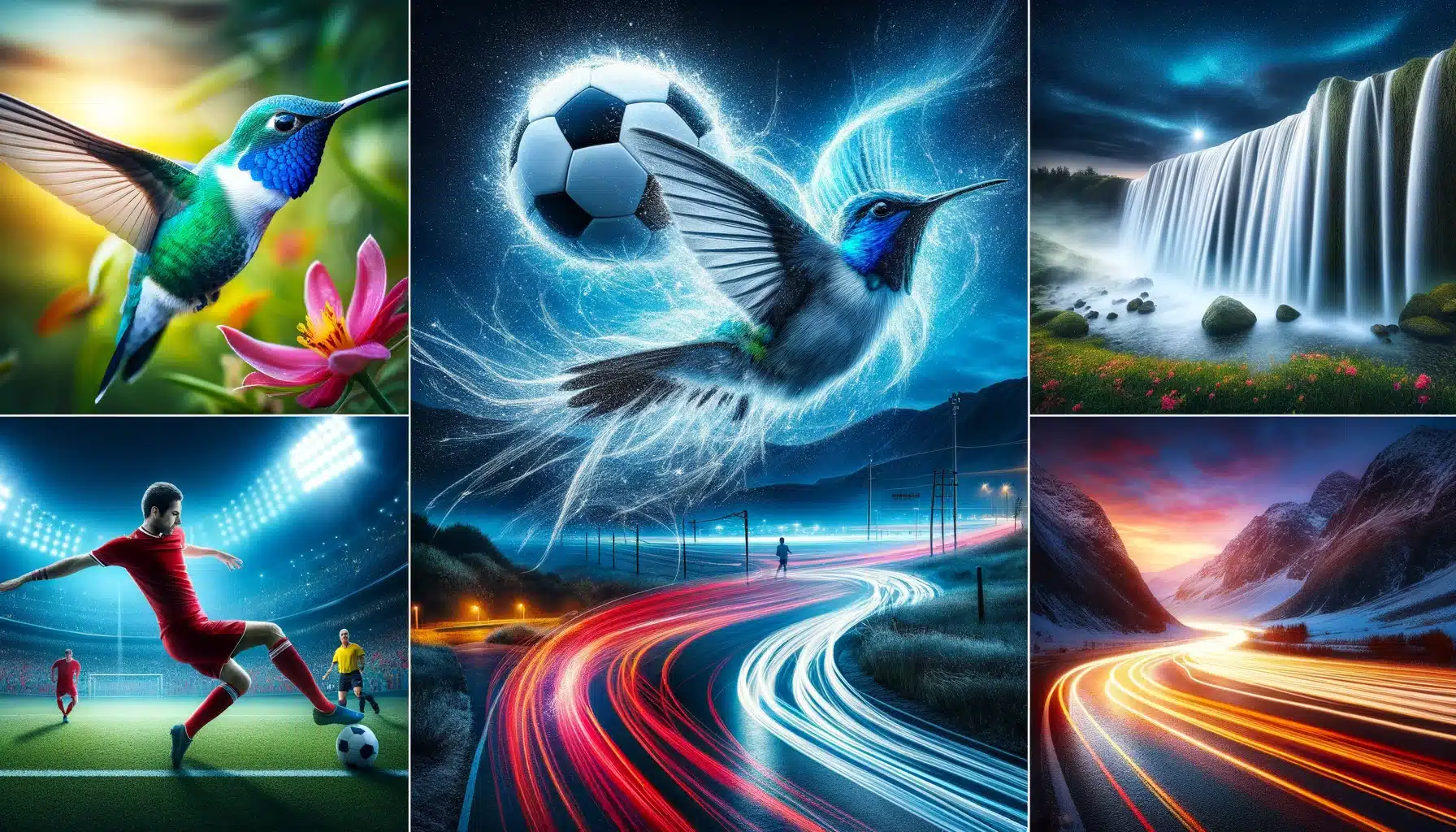 A montage showcasing the effects of shutter speed in photography: a frozen hummingbird, a soccer player mid-kick, a silky waterfall, and nighttime car light trails.