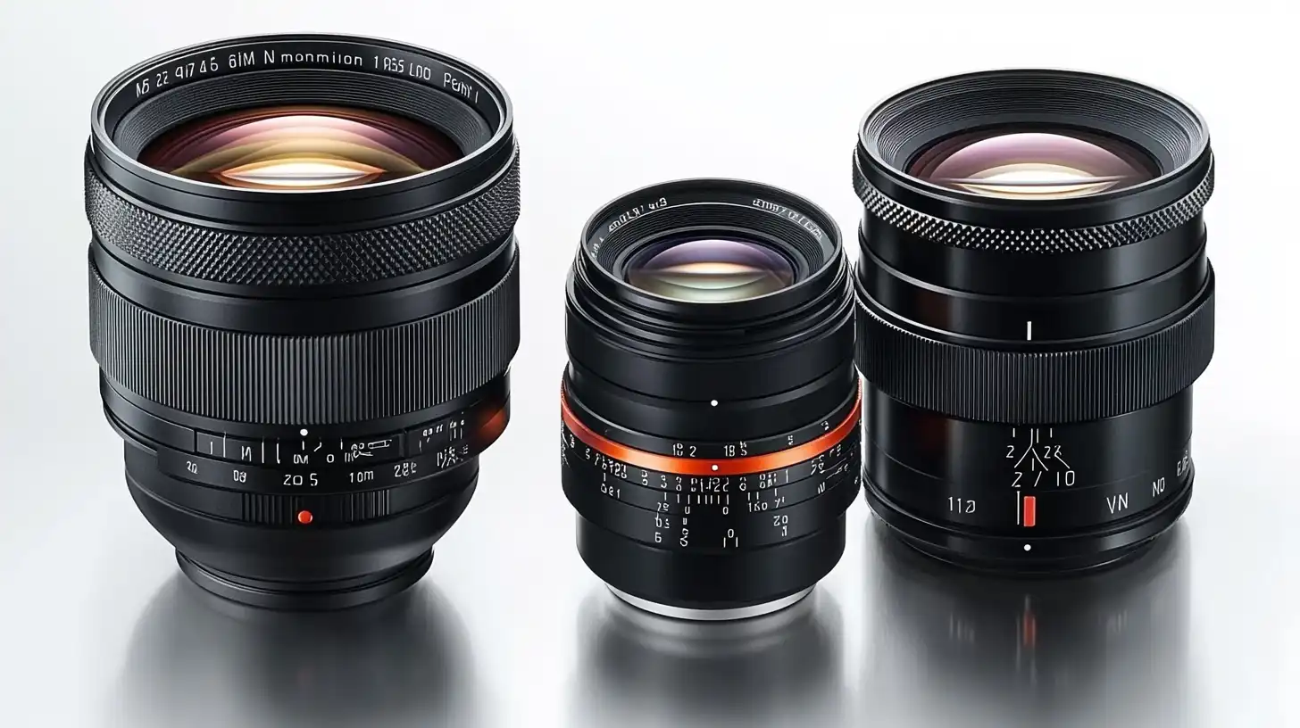 Different types of camera lenses showcasing prime, zoom, macro, and wide-angle lenses for photography