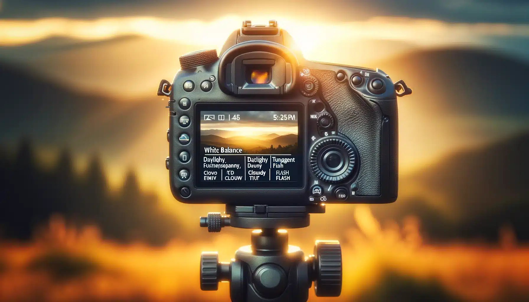 DSLR camera on a tripod outdoors with the white balance settings menu displayed on the LCD screen, showing options like Daylight and Cloudy, during the golden hour.