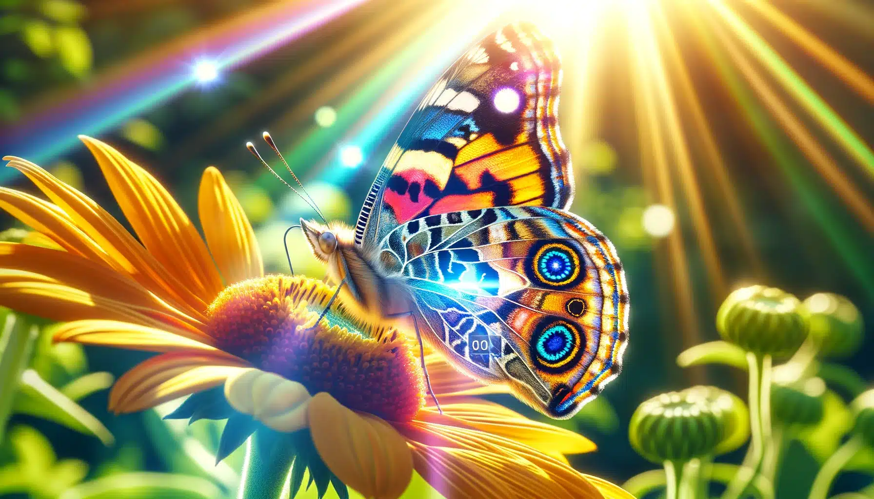 Close-up of a butterfly on a flower in bright sunlight, showcasing vivid colors and patterns.