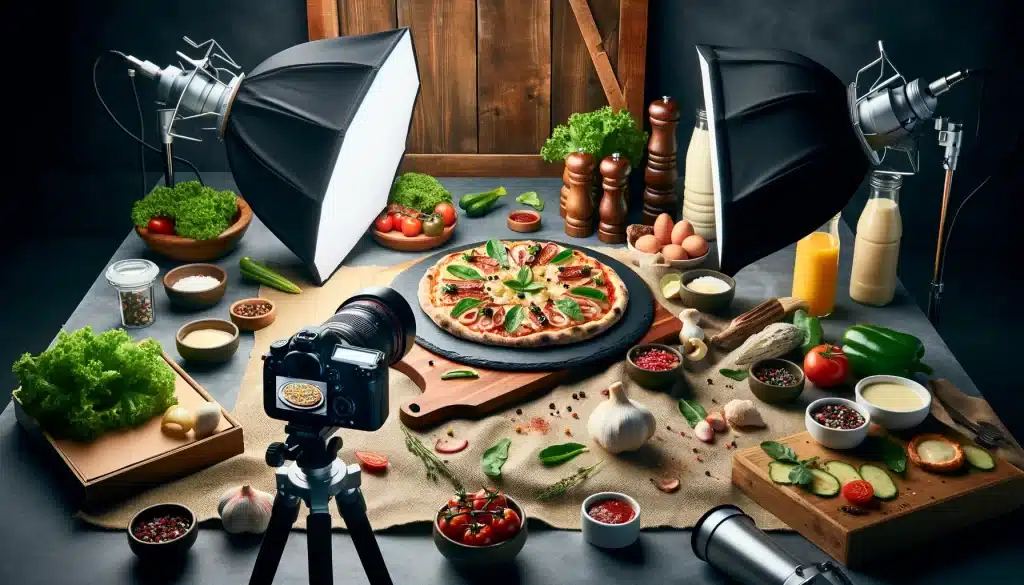 Gourmet pizza under studio lighting in a photography setup.